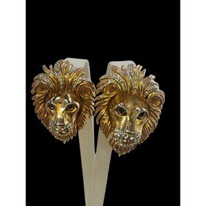 Unsigned Designer Quality Heavy Jeweled Lion Head Clip Earrings (A4930)